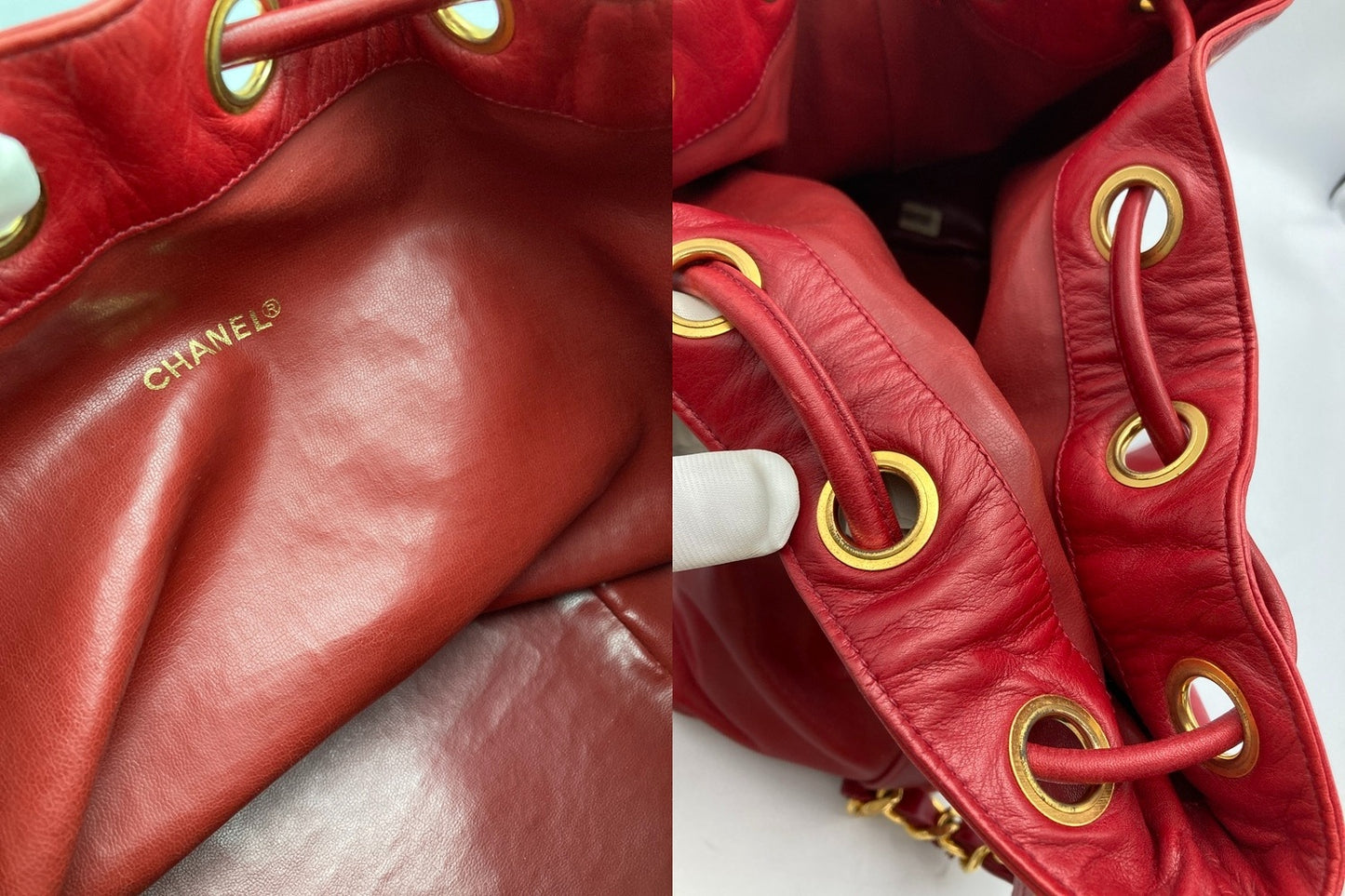 CHANEL シャネル ラムスキン ショルダーバッグ レディース 巾着 チェーンショルダー レッド 中古 D4