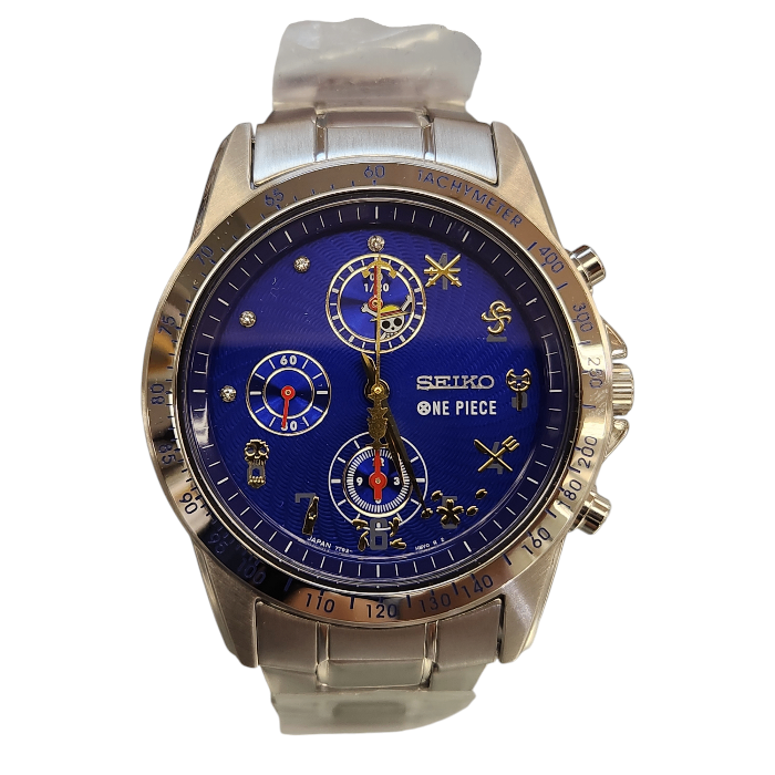 SEIKO セイコー ONE PIECE アニメ 20周年記念モデル 腕時計 メンズ クォーツ アナログ クロノグラフ 5000本限定 シルバー/ブルー 7T92-HBM0 中古 T1