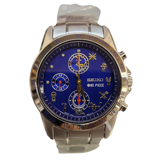 SEIKO セイコー ONE PIECE アニメ 20周年記念モデル 腕時計 メンズ クォーツ アナログ クロノグラフ 5000本限定 シルバー/ブルー 7T92-HBM0 中古 T1