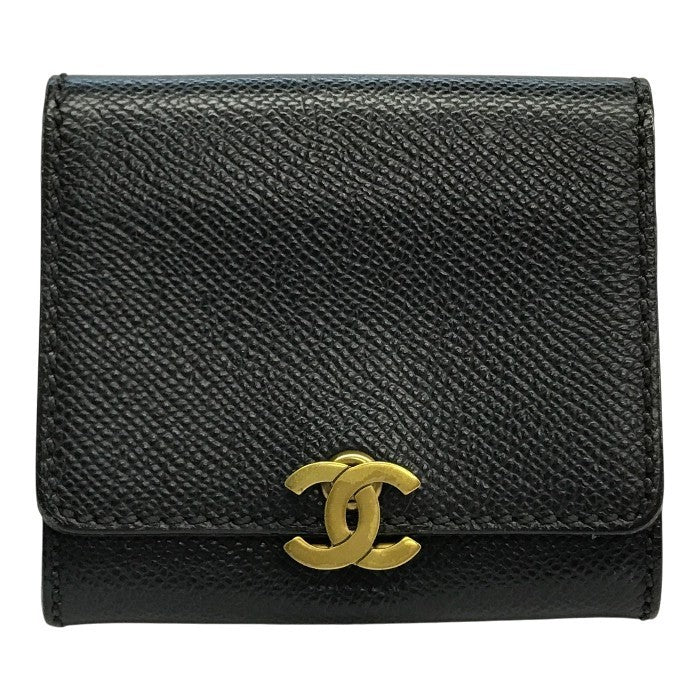CHANEL シャネル トリフォールド コインケース レディース キャビアスキン レザー 小銭入れ ココマーク ゴールド金具 ブラック 中古 T1