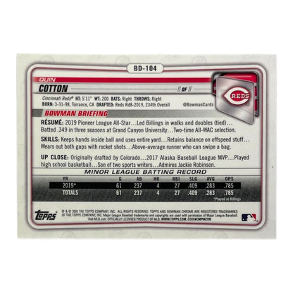 TOPPS MLBカード BOWMAN CHROME QUIN COTTON CINCINNATI REDS /250 #BD-104 中古 IT2
