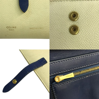 CELINE セリーヌ ミディアム ストラップ マルチファンクション ウォレット レディース 二つ折り財布 レザー バイカラー アイボリー/ブルー 中古 T1