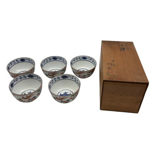 未使用品 平安陶華造り 呉須赤絵花鳥 茶碗揃い 5客 セット 茶碗 和食器 おしゃれ 中古 W1