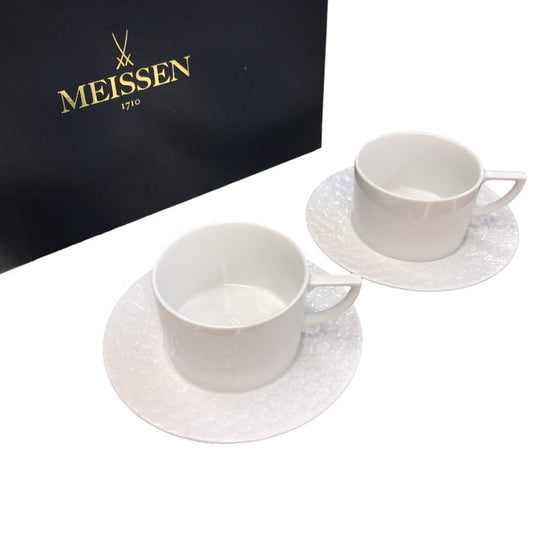 Meissen マイセン ロイヤルブロッサム カップ＆ソーサー 180ml ペア 2客 ホワイト コーヒー 立体 花レリーフ C/S 中古 T1