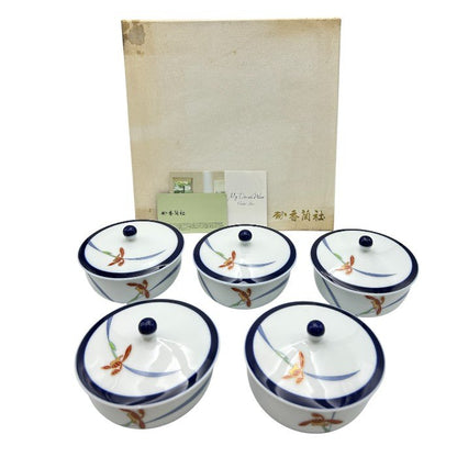 香蘭社 オーキッドレース 蓋付湯呑 セット 湯呑 和食器 花柄 和風 5客 中古 W４