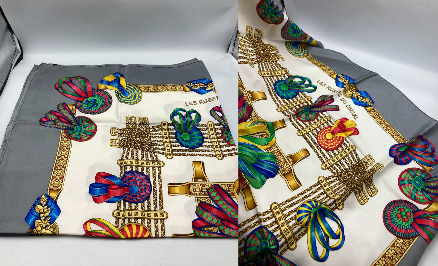 HERMES エルメス カレ90 LES RUBANS DU CHEVAL 馬のリボン スカーフ グレー 中古 D4