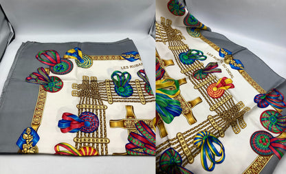 HERMES エルメス カレ90 LES RUBANS DU CHEVAL 馬のリボン スカーフ グレー 中古 D4