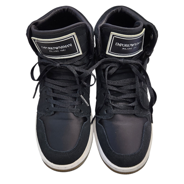 EMPORIO ARMANI スニーカー レディース ハイカット ロゴ スウェード レザー サテン ブラック 約22.5cm X3Z033 XM080 中古 T1