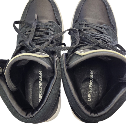 EMPORIO ARMANI スニーカー レディース ハイカット ロゴ スウェード レザー サテン ブラック 約22.5cm X3Z033 XM080 中古 T1