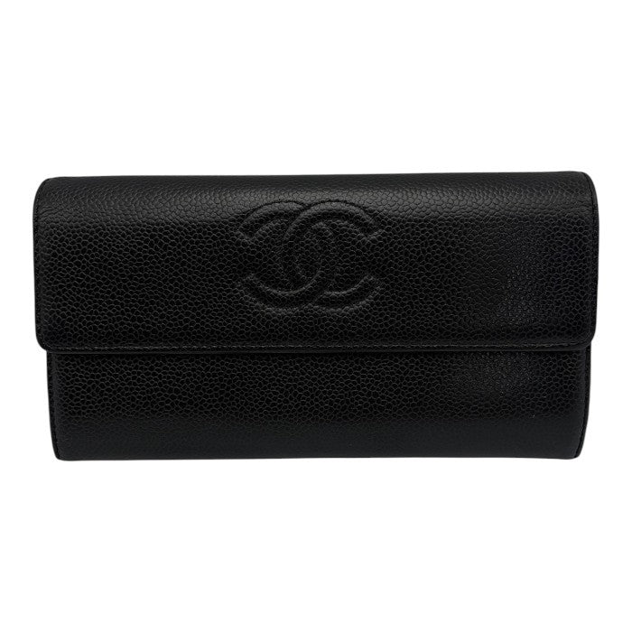 CHANEL シャネル キャビアスキン 長財布 レザー ブラック レディース おしゃれ 小銭入れ カード入れ ブランド 中古 W４