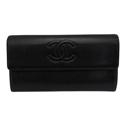 CHANEL シャネル キャビアスキン 長財布 レザー ブラック レディース おしゃれ 小銭入れ カード入れ ブランド 中古 W４