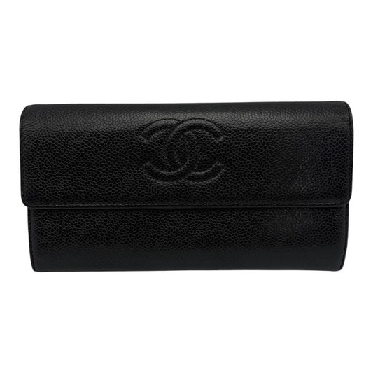 CHANEL シャネル キャビアスキン 長財布 レザー ブラック レディース おしゃれ 小銭入れ カード入れ ブランド 中古 W４
