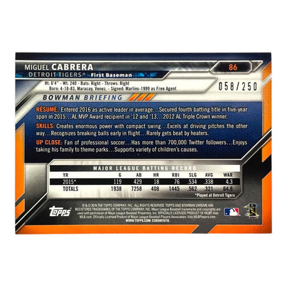 TOPPS MLBカード BOWMAN CHROME MIGUEL CABRERA DETROIT TIGERS /250 #86 中古 IT2