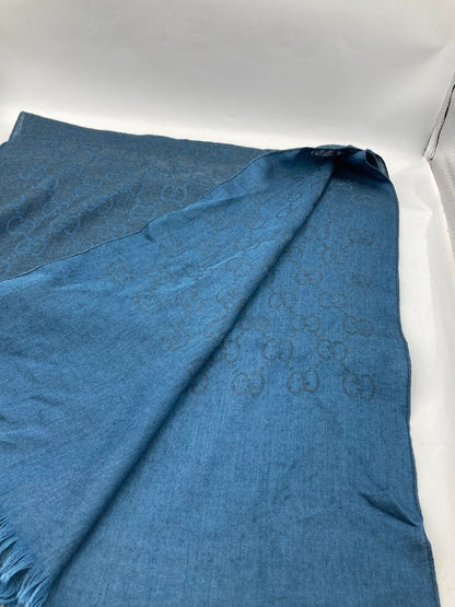GUCCI グッチ GG柄 シルク混 ストール ネイビー 中古 D4