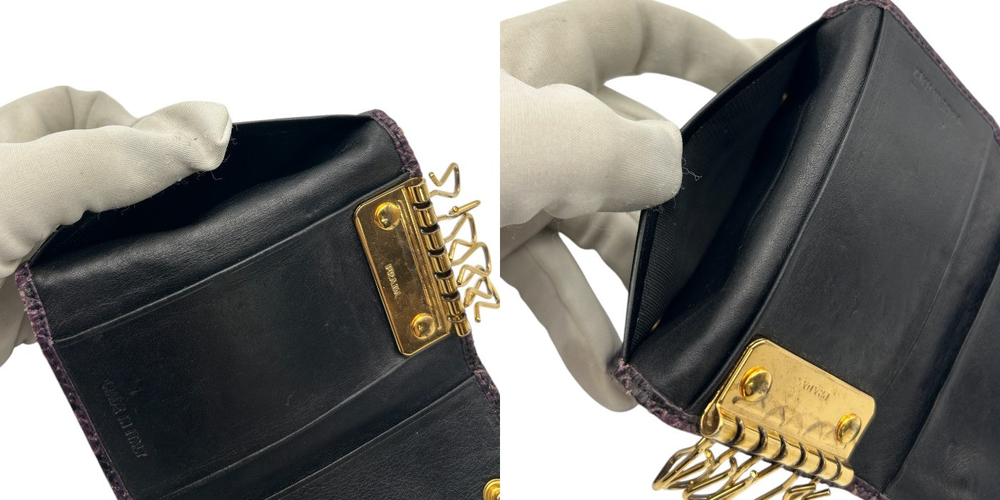 PRADA プラダ パイソン調 6連 キーケース ブランド レディース レザー パープル ブラック 中古 W４