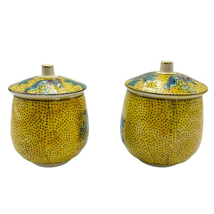 未使用品 九谷玉峰 吉田屋 花鳥 夫婦湯呑 ペア セット 蓋付 花 鳥 中古 W４