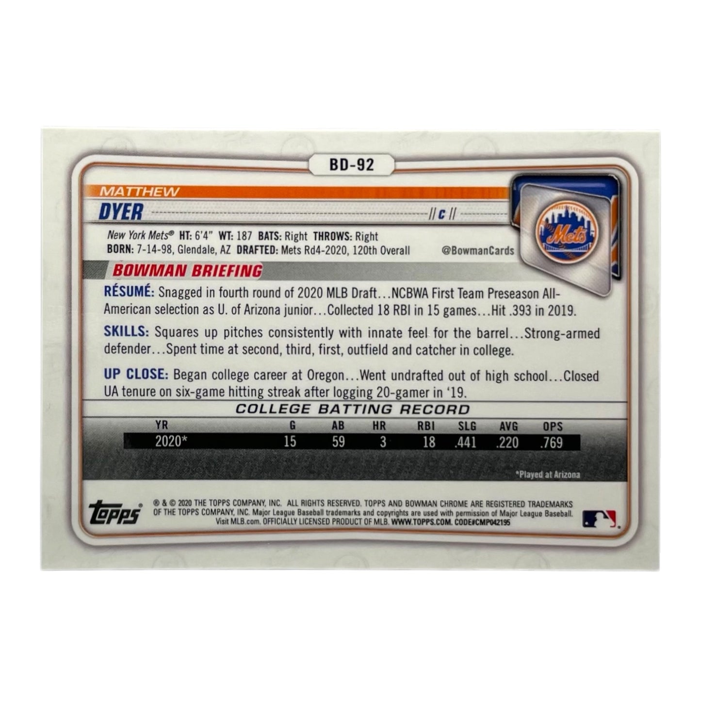 TOPPS MLBカード BOWMAN CHROME 1ST MATTHEW DYER NEW YORK METS /150 #BD-92 中古 IT2