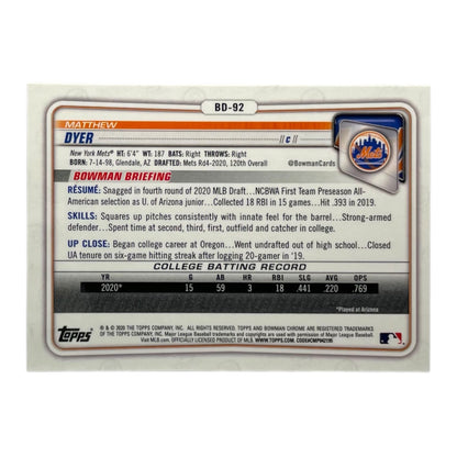 TOPPS MLBカード BOWMAN CHROME 1ST MATTHEW DYER NEW YORK METS /150 #BD-92 中古 IT2