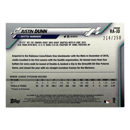 TOPPS MLBカード CHROME JUSTIN DUNN SEATTLE MARINERS /250 #RA-JD 中古 IT2