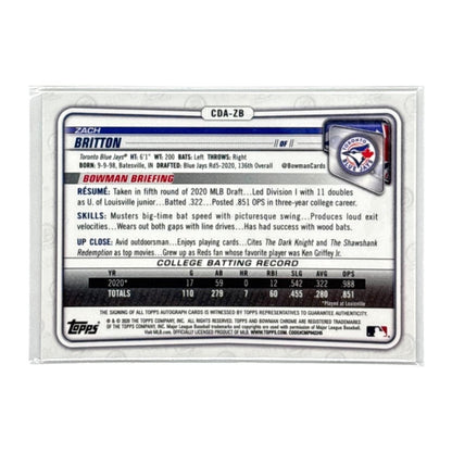 TOPPS MLBカード BOWMAN CHROME 1ST ZACH BRITTON TORONTO BLUE JAYS #CDA-ZB 中古 IT1