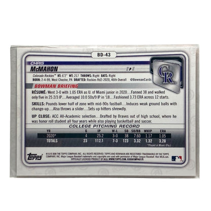 TOPPS MLBカード BOWMAN 1ST CHRIS MCMAHON ROCKIES 22/25 #BD-43 中古 IT2