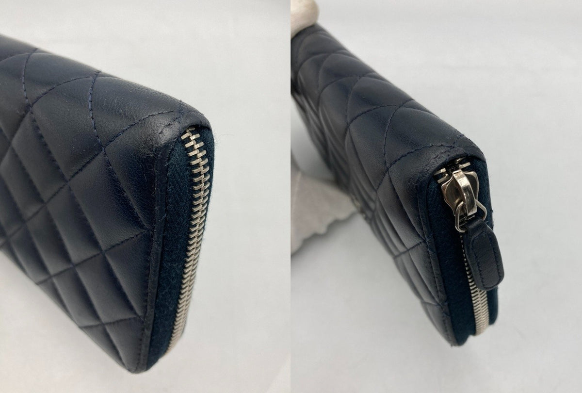 CHANEL シャネル マトラッセ ラウンドファスナー長財布 ダークネイビー シルバー金具 中古 D4