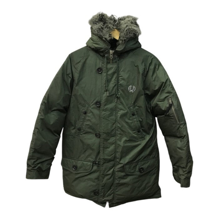 FRED PERRY フレッドペリー ダウンジャケット メンズ ミリタリー コート N-3B フード ファー Mサイズ カーキグリーン J4237 中古 T1