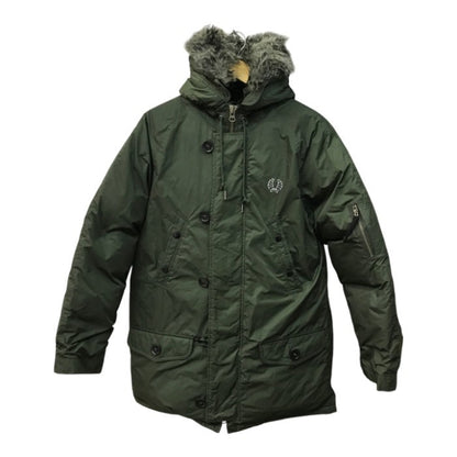 FRED PERRY フレッドペリー ダウンジャケット メンズ ミリタリー コート N-3B フード ファー Mサイズ カーキグリーン J4237 中古 T1