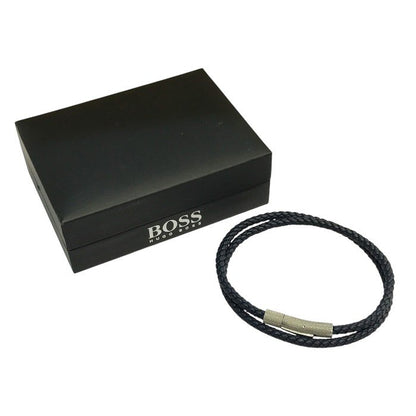 HUGO BOSS ヒューゴボス ブレスレット メンズ レザー 2連 2way チョーカー ネックレス 編み込み ネイビー 中古 T1