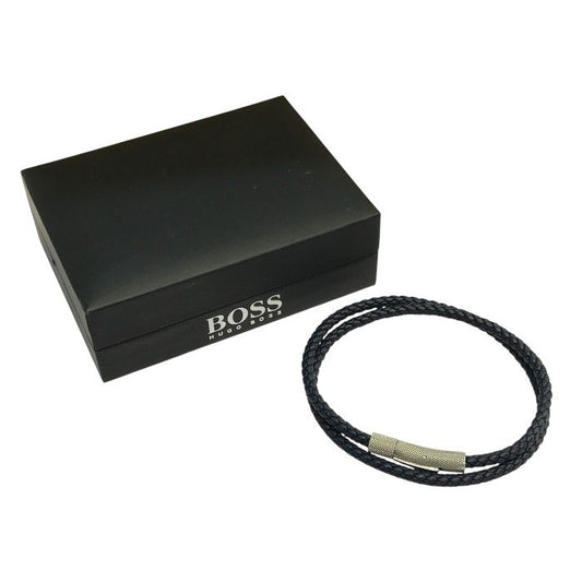 HUGO BOSS ヒューゴボス ブレスレット メンズ レザー 2連 2way チョーカー ネックレス 編み込み ネイビー 中古 T1