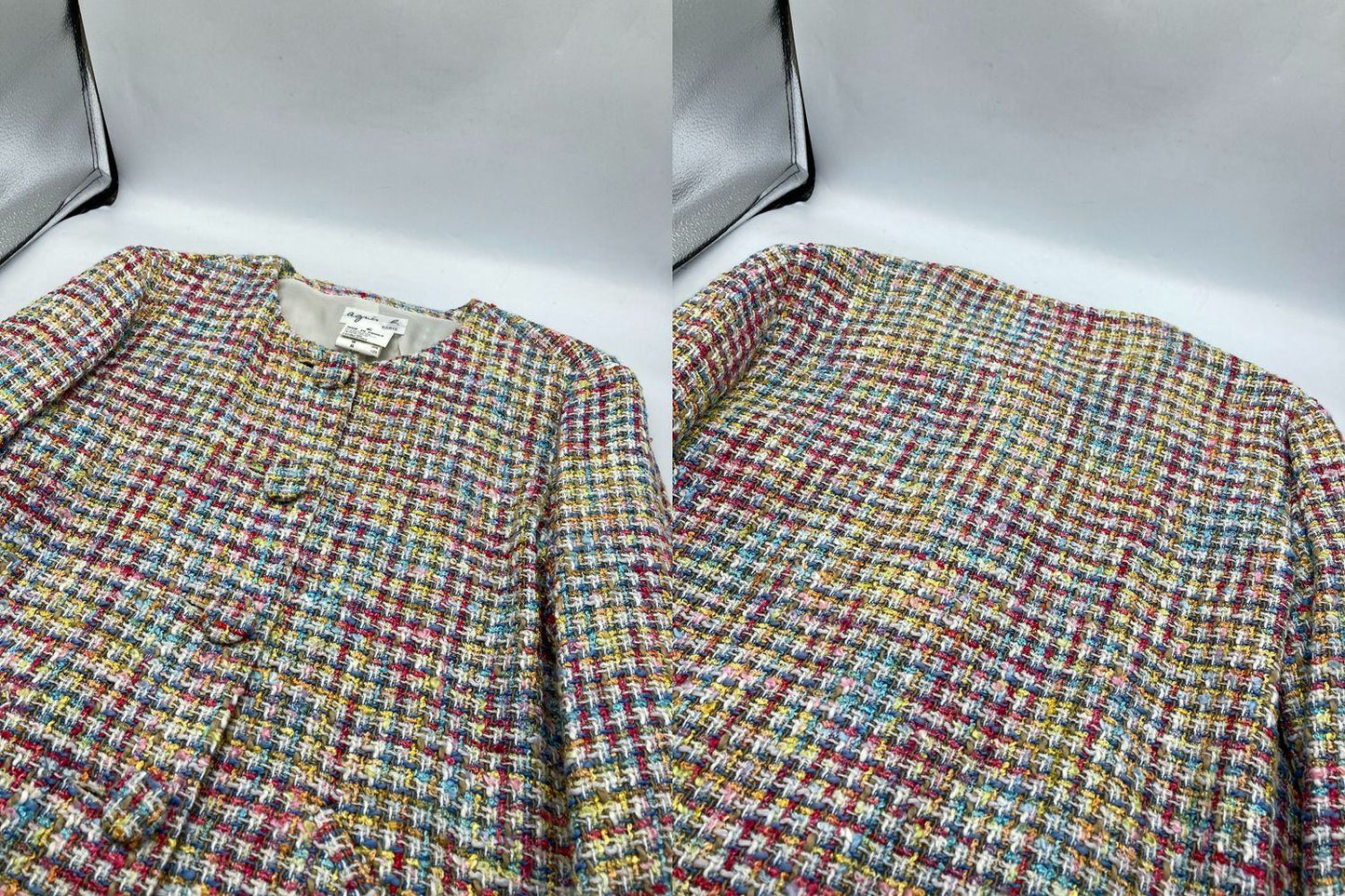 agnes b アニエスべー ノーカラー ツイードジャケット サイズ2 フランス製 中古 D4