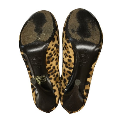 FENDI フェンディ パンプス レディース レオパード ハラコ オープントゥ ハイヒール ピンヒール 37.5 ブラウン 中古 T1