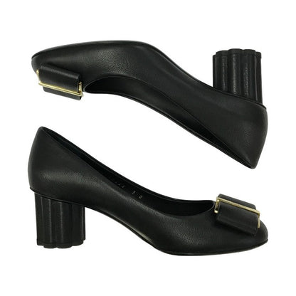Salvatore Ferragamo フェラガモ CAPUA55 パンプス レディース レザー 変形 太ヒール ブラック 5Dサイズ 中古 T1