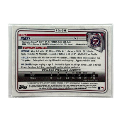 TOPPS MLBカード BOWMAN CHROME 1ST COLE HENRY WASHINGTON NATIONALS #CDA-CHE 中古 IT1
