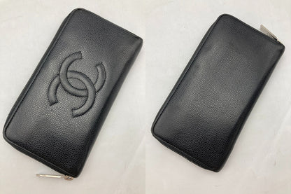 CHANEL シャネル キャビアスキン ラウンドファスナー長財布 ブラック 中古 D4