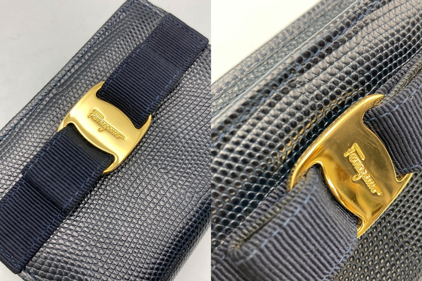 Salvatore Ferragamo フェラガモ ヴァラリボン リザード調 型押しレザー ポーチ 223057 中古 D4