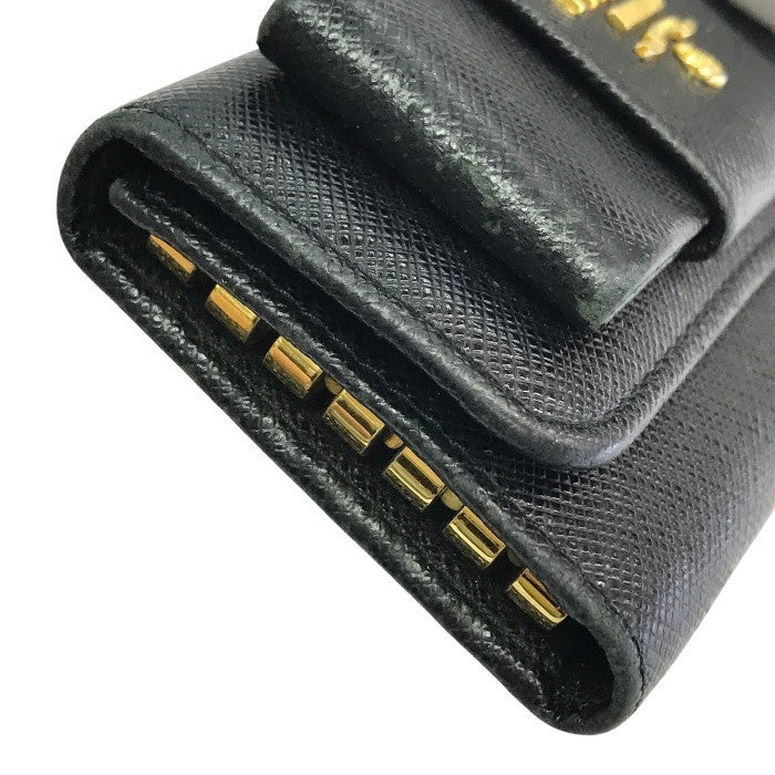 PRADA プラダ 6連キーケース レディース サフィアーノ レザー リボン ゴールド金具 ブラック 中古 T1