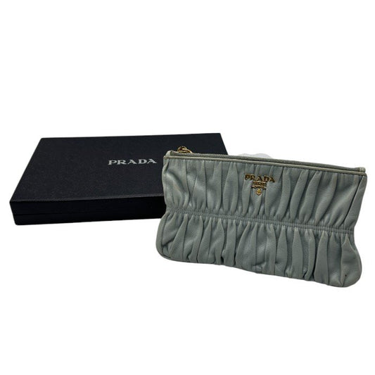 PRADA プラダ フラットポーチ 1M1152 グレー 小物 ブランド ギャザー レディース かわいい ミニ 小さい 中古 W４