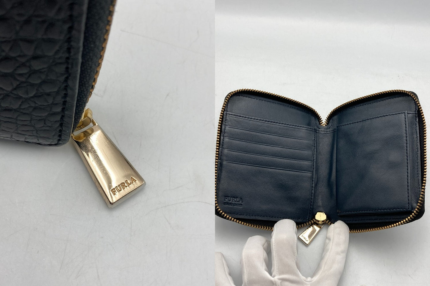 FURLA フルラ 型押しクロコ ラウンドファスナー コンパクト財布 中古 D4