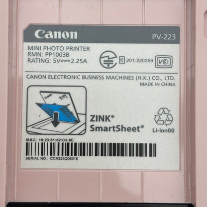 ジャンク品 canon スマホ専用ミニフォトプリンター iNSPiC PV-223-PK 写真用 ピンク キヤノン ワイヤレス 印刷 コンパクト 中古 W1