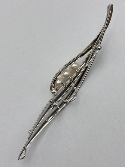 SILVER 6.0mmパール 3連 ブローチ リーフ 中古 D4
