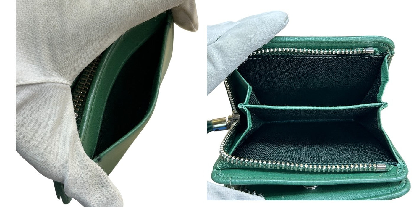 土屋鞄 TSUCHIYA KABAN フリンジ スモールウォレット スムースラムスキン グリーン 二つ折り財布 コンパクト レディース 羊革 財布 中古 W４