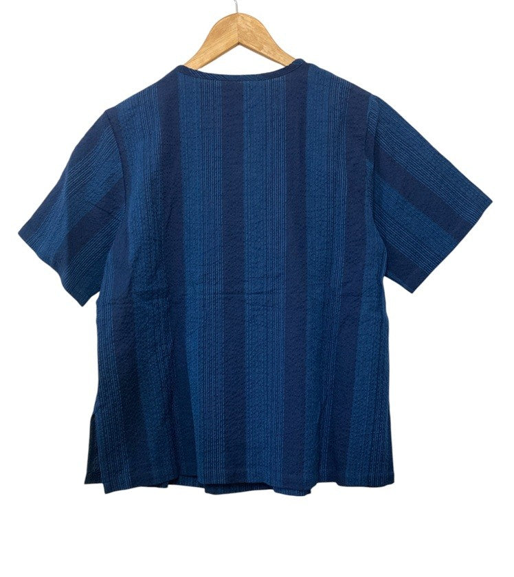 久留米織 しじら 藍紬 半袖ブラウス 1076-2 サイズL レディース 中古 D4