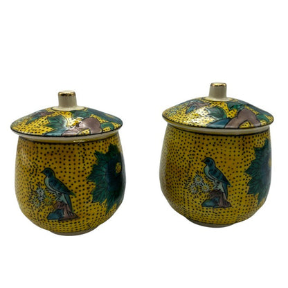 未使用品 九谷玉峰 吉田屋 花鳥 夫婦湯呑 ペア セット 蓋付 花 鳥 中古 W４