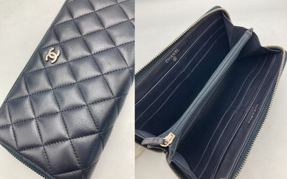 CHANEL シャネル マトラッセ ラウンドファスナー長財布 ダークネイビー シルバー金具 中古 D4