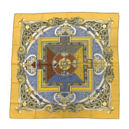 HERMES エルメス カレ90 ANIMAUX SOLAIRES 太陽の動物たち スカーフ レディース シルク 馬 ライオン 鷹 鹿 イエロー/ブルー/ブラウン 中古 T1