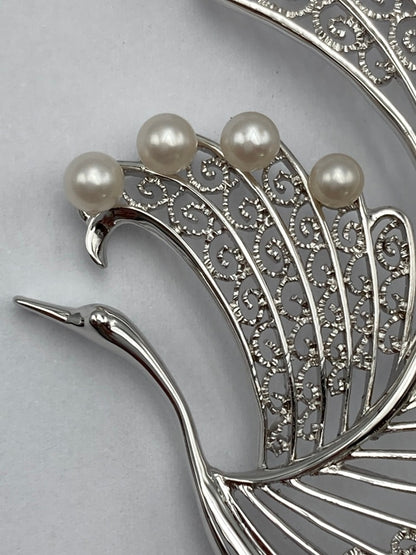 SILVER 3.0mm ベビーパール 18粒 ブローチ 鶴 白鳥 中古 D4