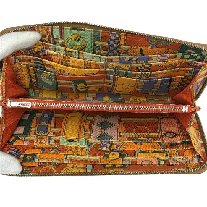 HERMES エルメス アザップロング シルクイン 長財布 レディース ラウンドジップ ファスナー スカーフ柄 ブラウン/オレンジ 中古 T1
