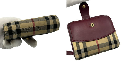 BURBERRY バーバリー ノバチェック 二つ折り 財布 ボルドー コンパクト レザー キャンバス レディース 小銭入れ 中古 W４