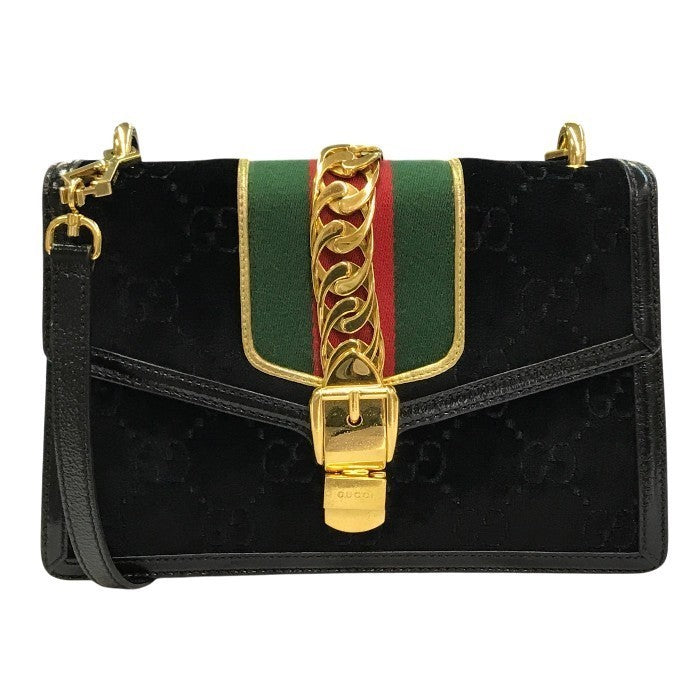 GUCCI グッチ シルヴィ ショルダーバッグ レディース ベロア GG柄 ゴールドチェーン 斜め掛け シェリー ブラック 524405 493075 中古 T1